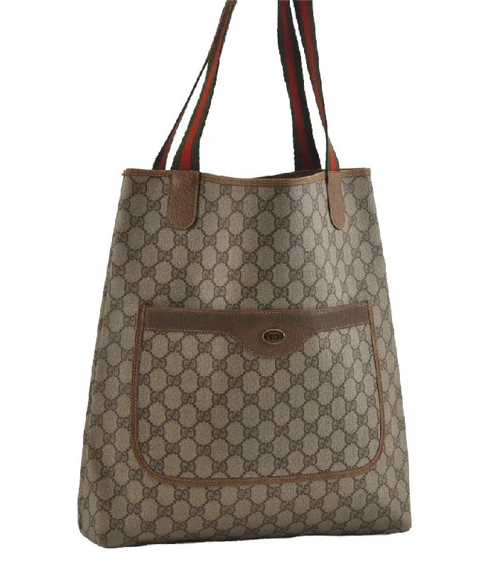 Gucci tote bags for women with a spacious interiorAuthentic GUCCI Web Sherry Line Shoulder Tote Bag GG PVC Leather Brown 2109I