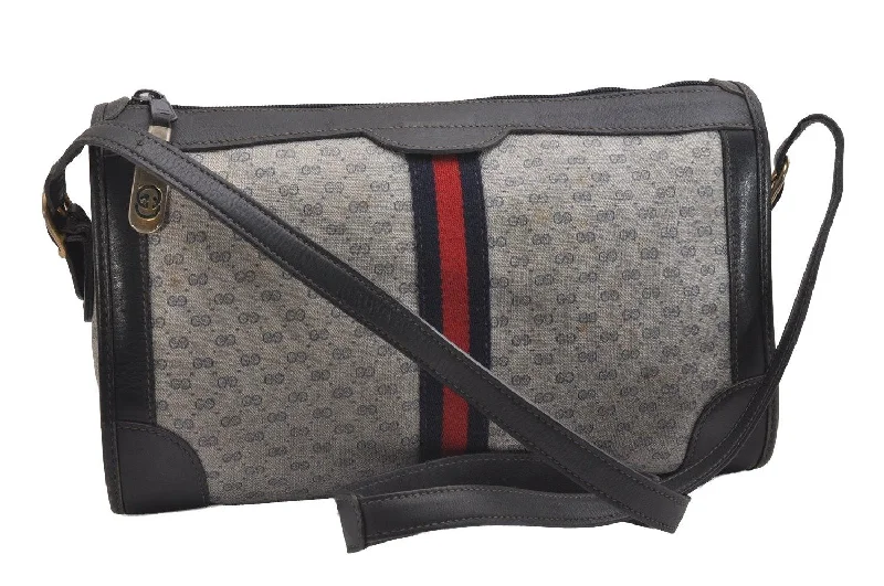 Women Gucci crossbody bags with a keychain holderAuthentic GUCCI Sherry Line Micro GG Shoulder Bag PVC Leather Navy Junk 2128I