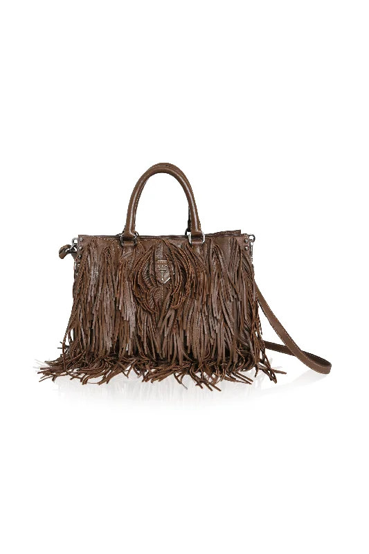 Prada bags with a detachable mobile phone holder for on - the - go conveniencePRADA Runway Fringed Nappa Tote Bag